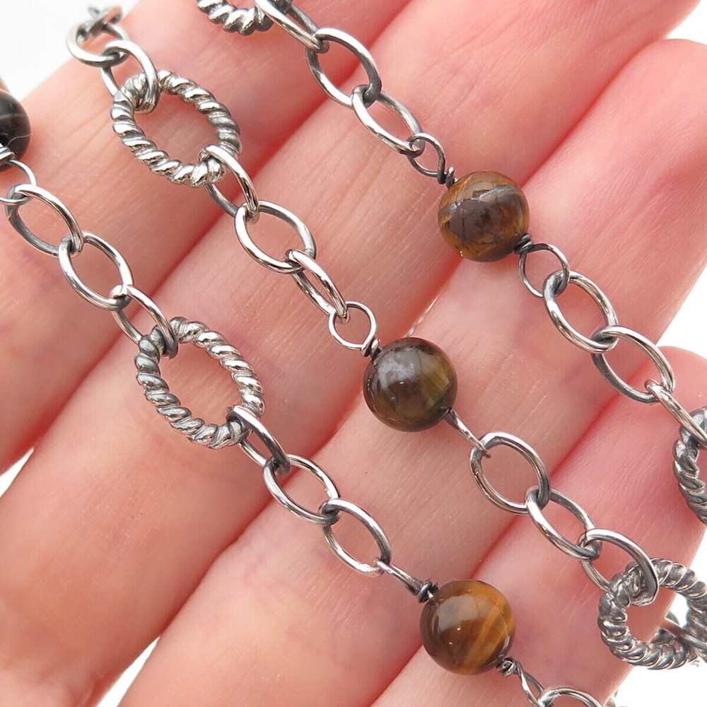 925 Sterling Silver Vintage Real Tiger Eye By The Yard Chain Necklace 18"
